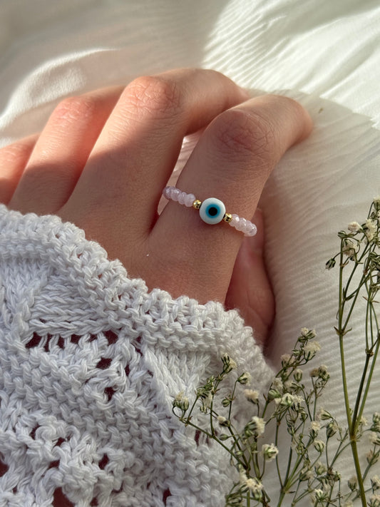 Perlenring mit Rosa Kristallperlen und Goldenen Details + Nazar Anhänger - 2135