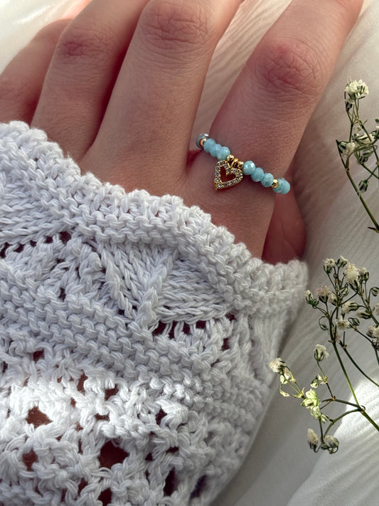 Perlenring mit Blauen Kristallperlen, Goldenen Perlen + Herz Anhänger  - 2140