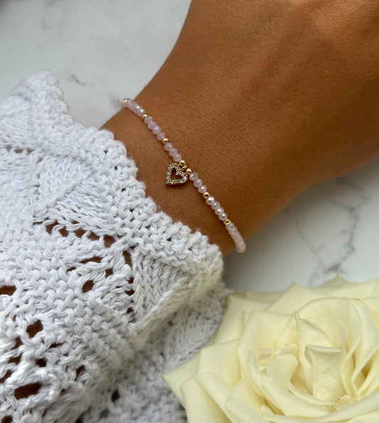 Perlenarmband mit Rosa Kristallperlen, Goldenen Perlen + Herz Anhänger - 10901