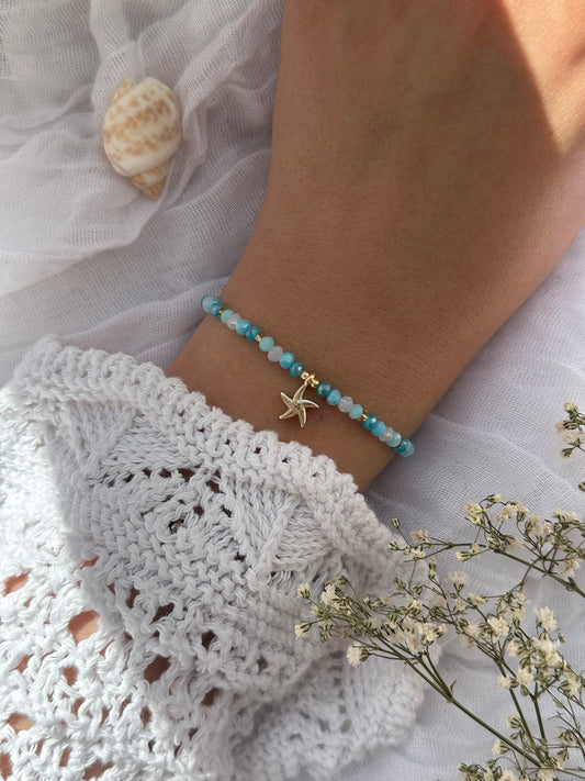 Perlenarmband mit Blauen Kristallperlen und Goldenen Perlen + Seestern Anhänger - 10852