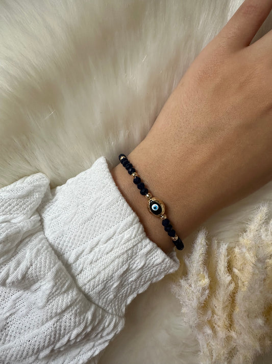 Perlenarmband mit Blauen Kristallperlen und evil eye Anhänger - 10348