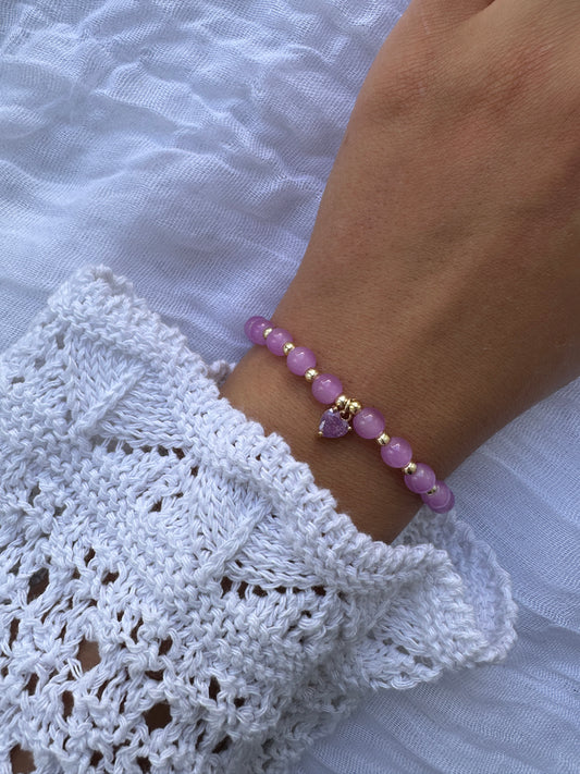 Perlenarmband mit Lila Glasperlen und Herz Anhänger - 10278