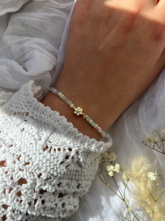 Perlenarmband mit Bunten Kristallperlen + Blumen Anhänger - 10685