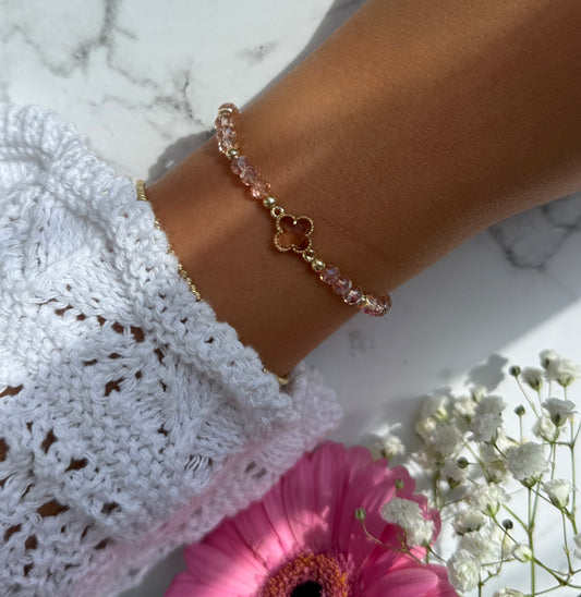 Perlenarmband mit Rose Kristallperlen, Goldenen Perlen + Kleeblatt Anhänger - 10935