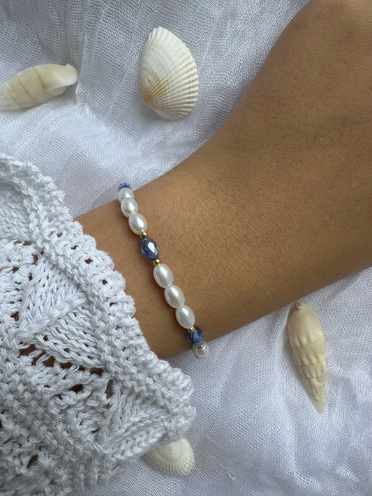 Perlenarmband mit Weißen Perlen und Blauen Kristallperlen - 10397