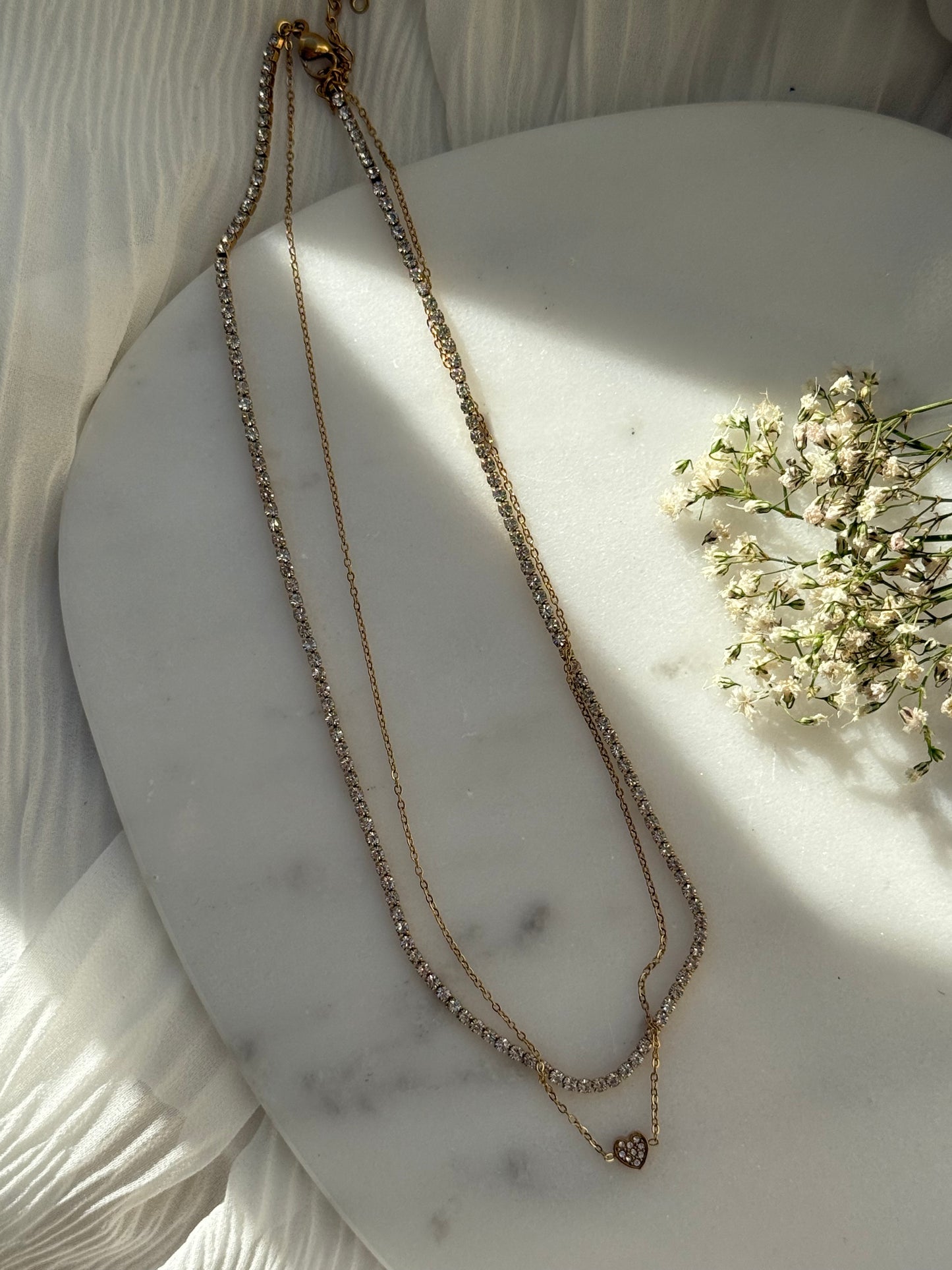 Halskette Edelstahl Zirkonia Heart Doppelkette - 11045