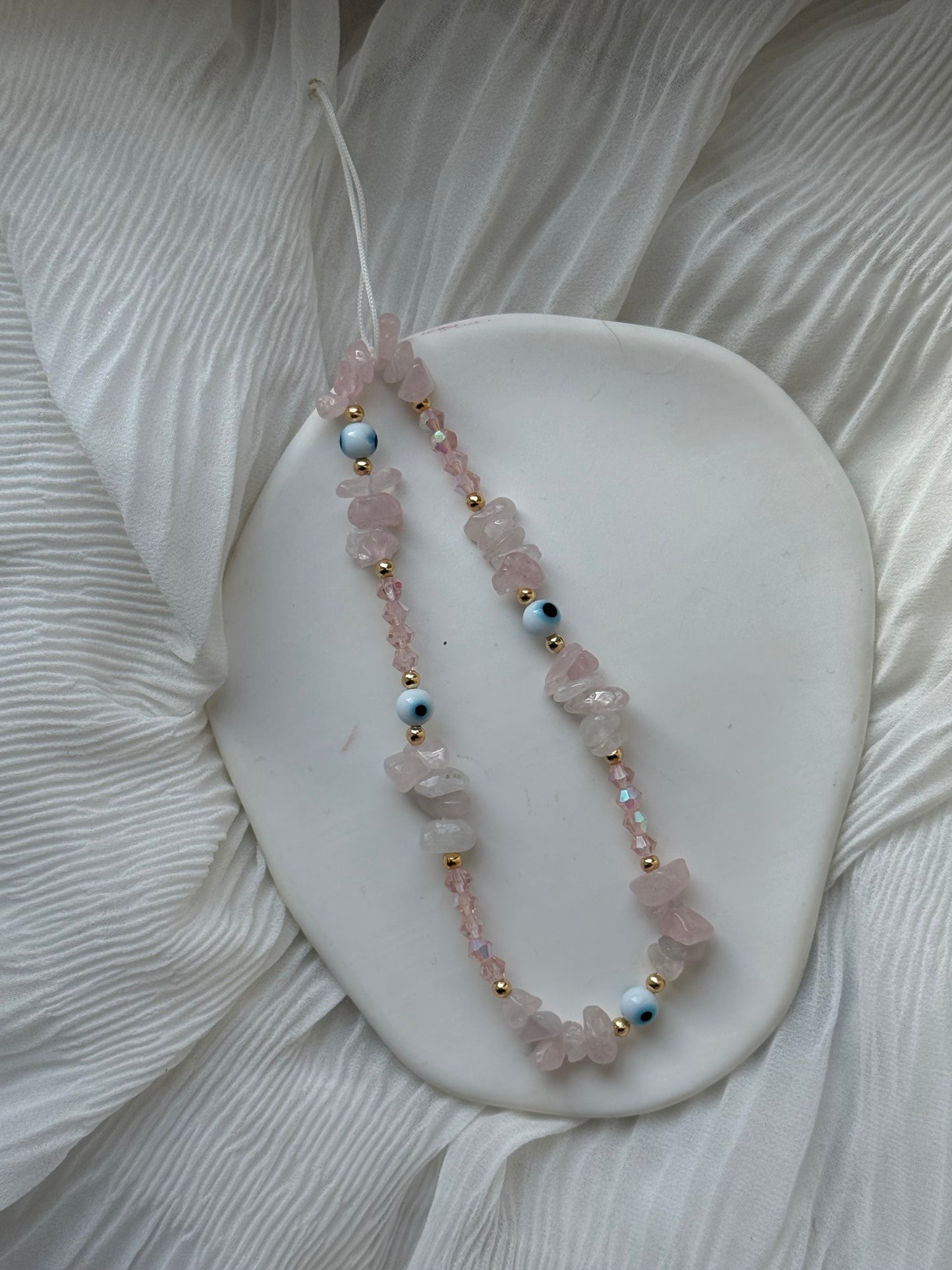 Handykette mit Rosa Perlen und Edelsteinen + Nazar Nazar Anhänger - 111228