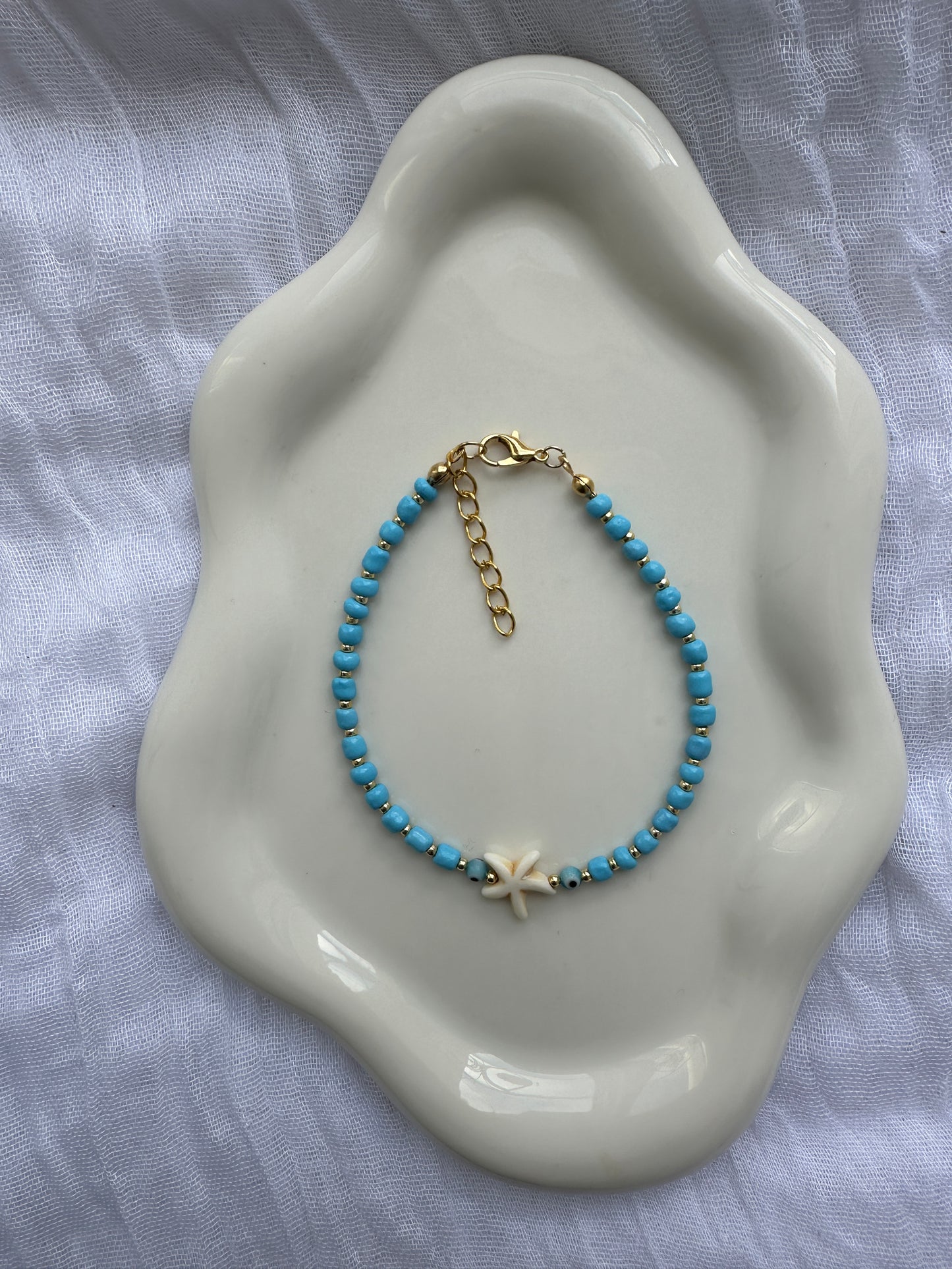 Fußkette mit Blauen und Goldenen Perlen + Muschel und Nazar Perle - 10086