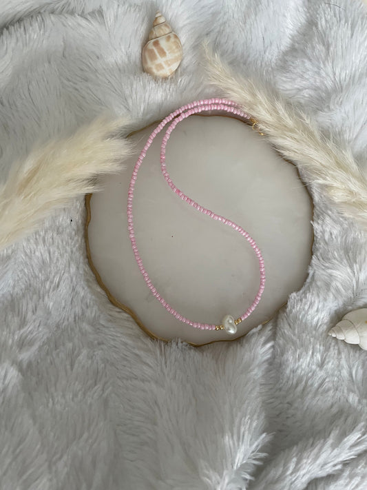 Perlenkette chocker rosa mit weißer Perle - 10173