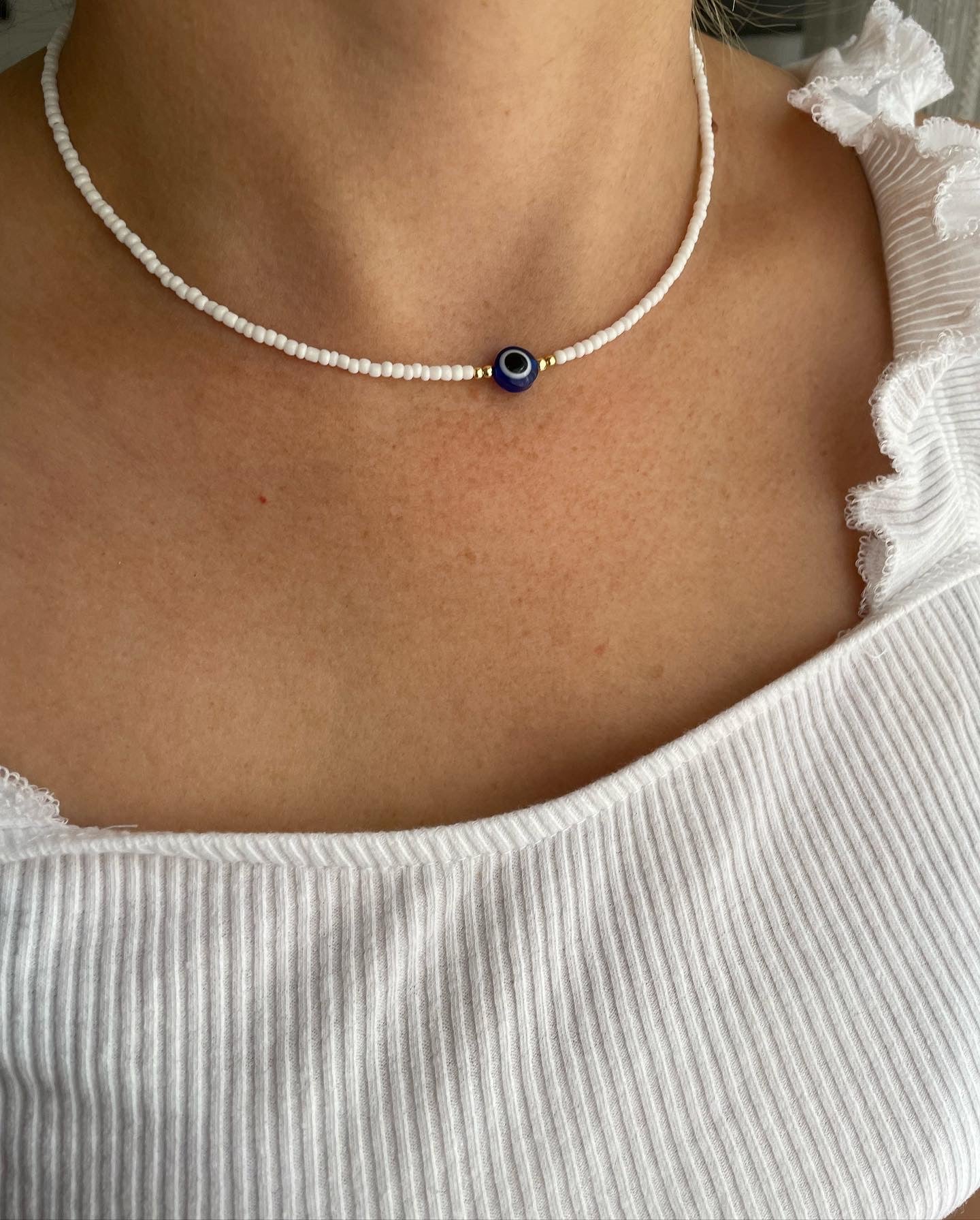 Perlenkette chocker weiß mit Nazar - 10206