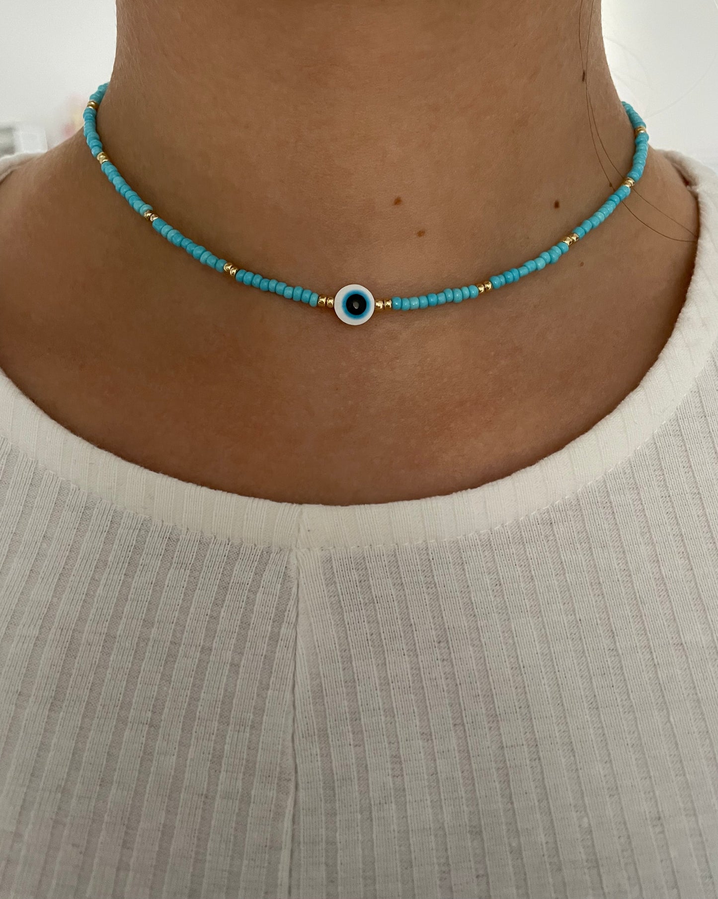 Perlenkette chocker blau gold mit Nazar - 10104