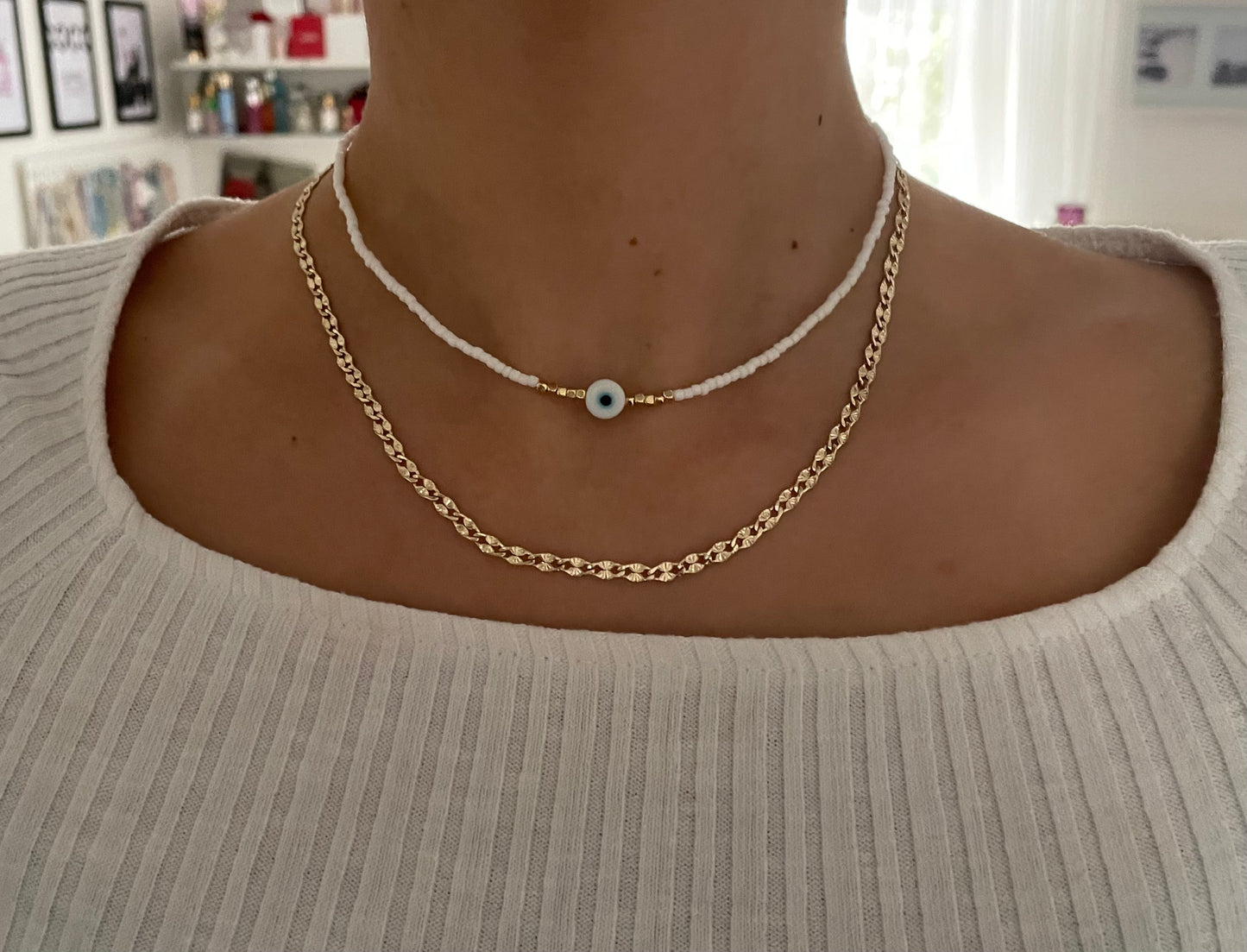 Perlenkette chocker weiß mit Nazar - 10211