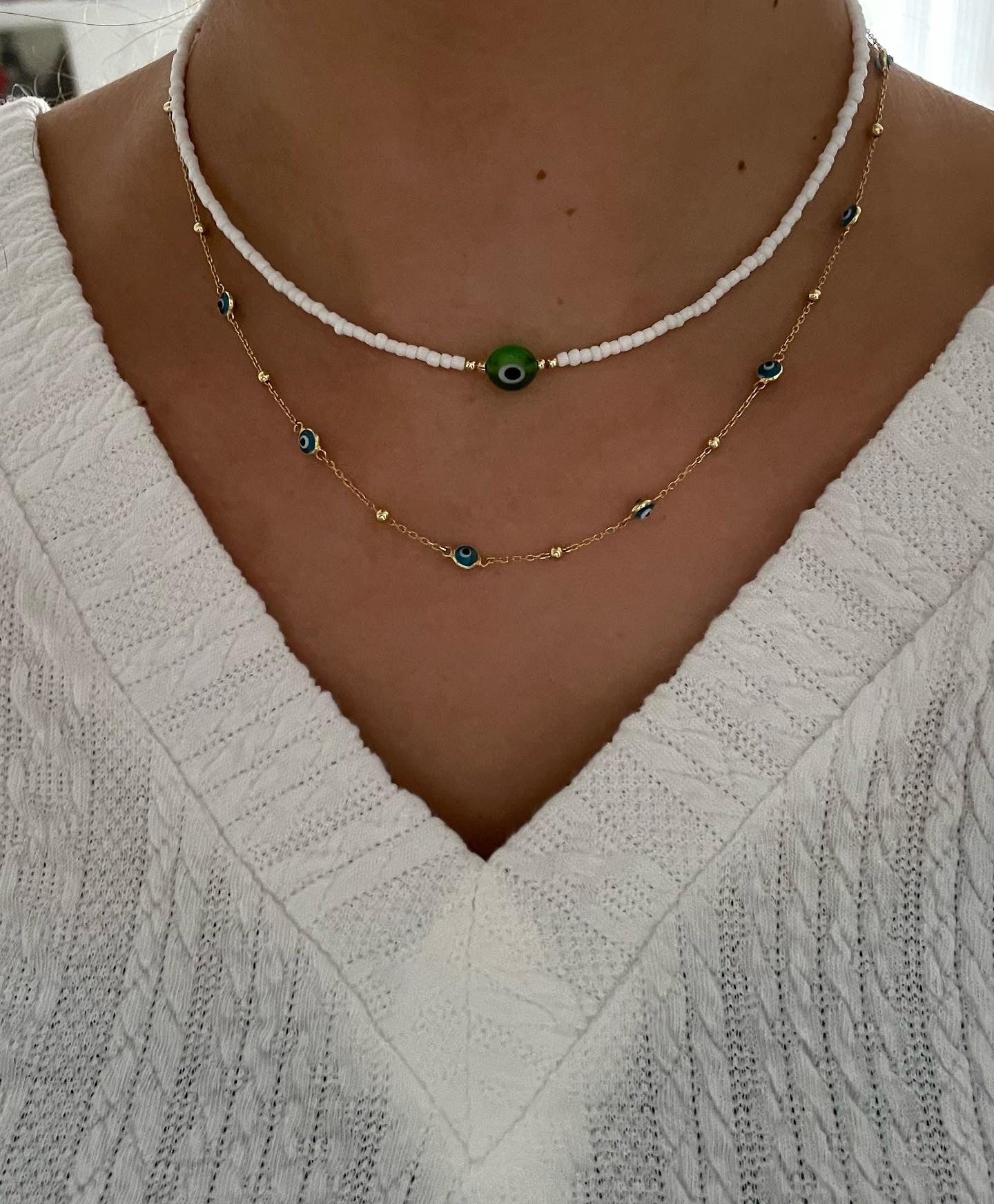 Perlenkette chocker weiß mit grünen Nazar - 10171
