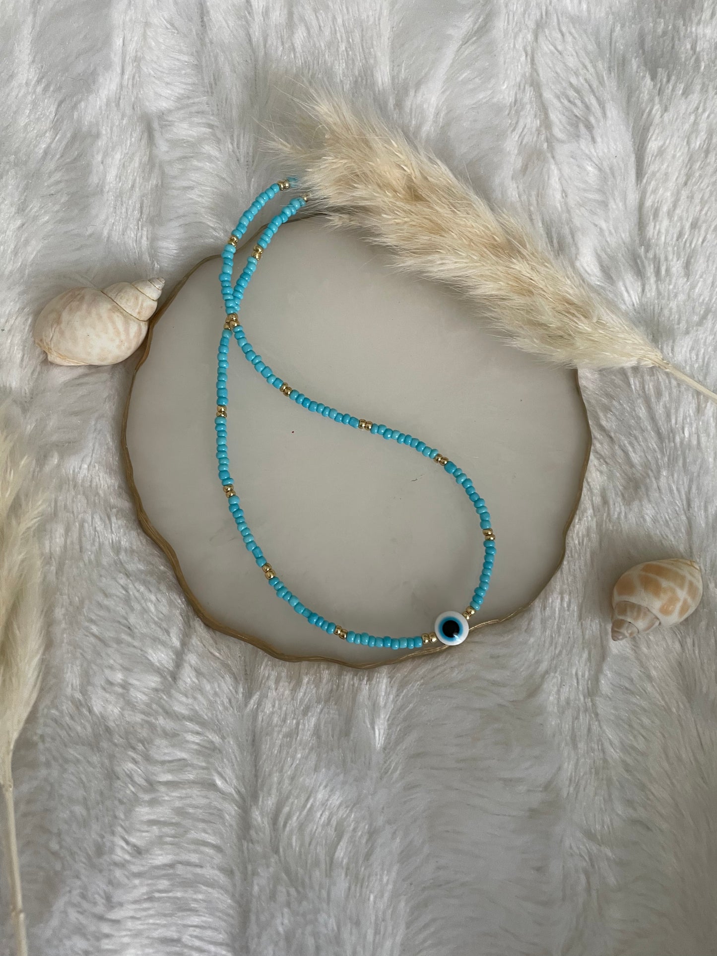 Perlenkette chocker blau gold mit Nazar - 10104