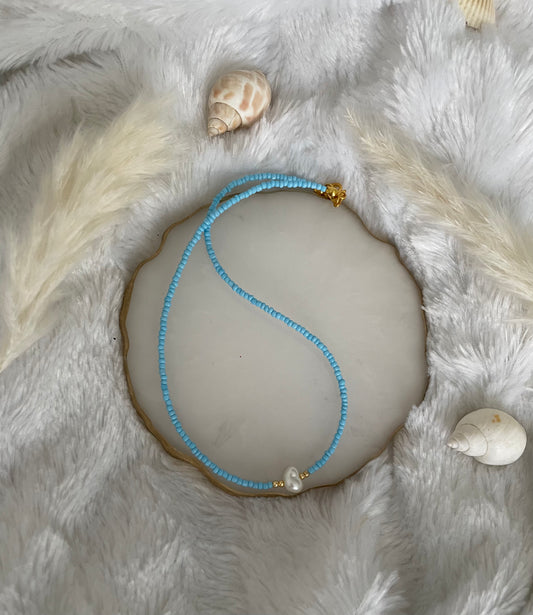 Perlenkette chocker blau mit weißer Perle - 10174