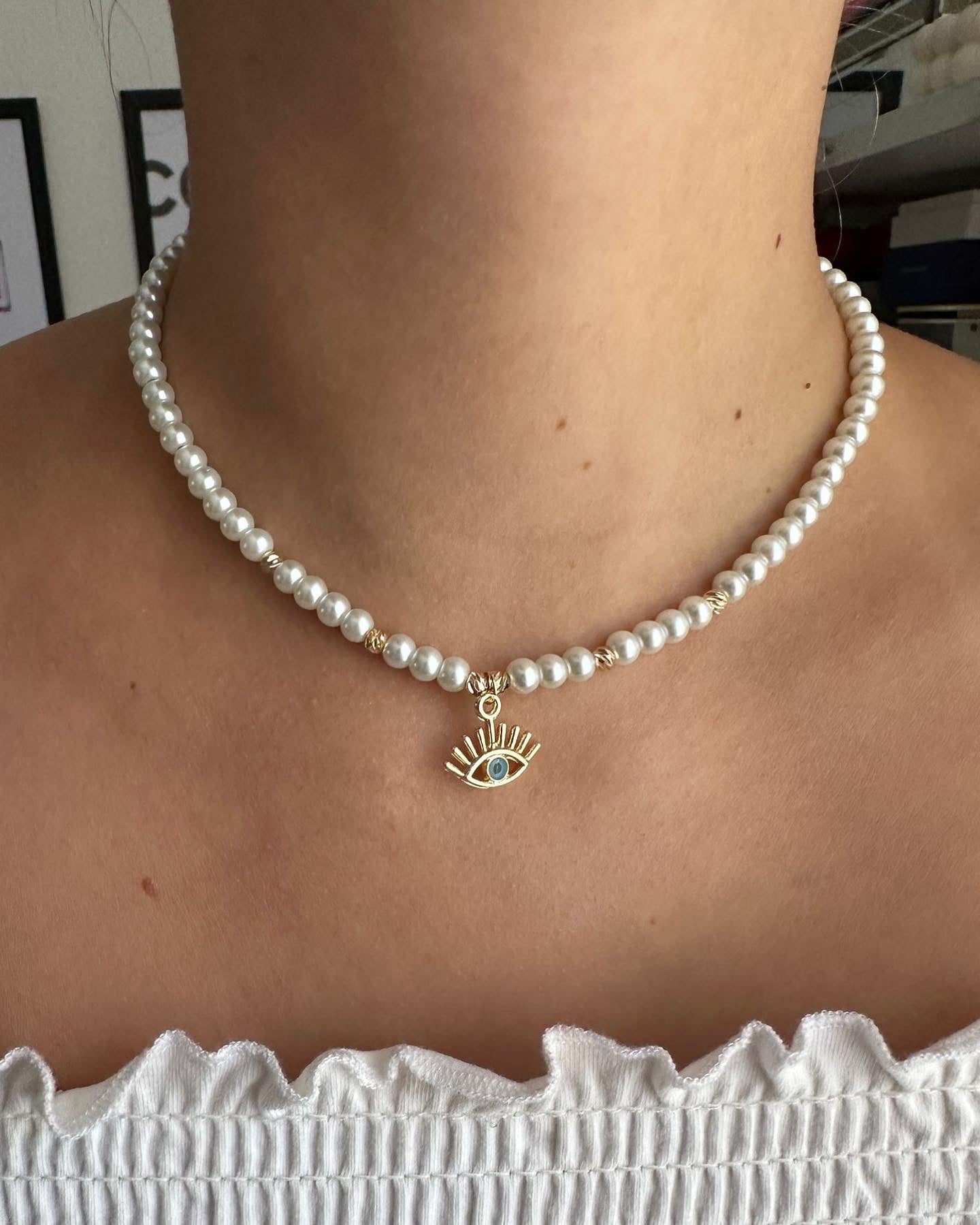 Perlenkette chocker weiß mit Nazar Anhänger - 10149