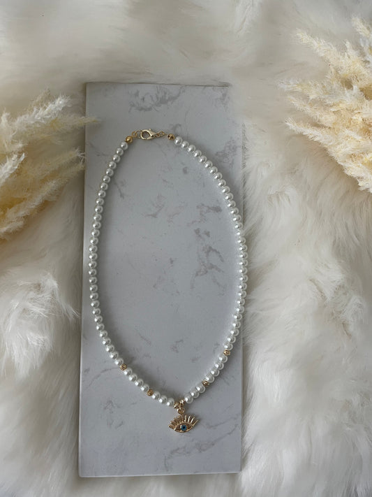 Perlenkette chocker weiß mit Nazar Anhänger - 10149